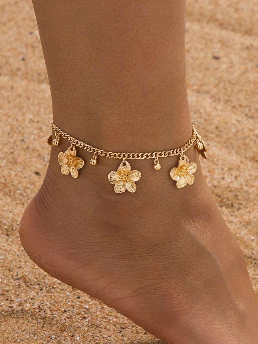 1pc Fashion Summer Beach Vacation Style Chunky Chain 5-Petal Flower Pendant Anklet For Women (Excluding Gift Box) - Yellow Gold - View 1