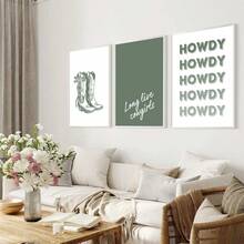 Set di 3 stampe su tela con stivali da cowgirl verdi senza cornice, opera d'arte da parete in stile preppy, decorazione minimal per la camera da ragazza, pittura funky per appartamento, soggiorno, camera da letto, decorazione domestica moderna