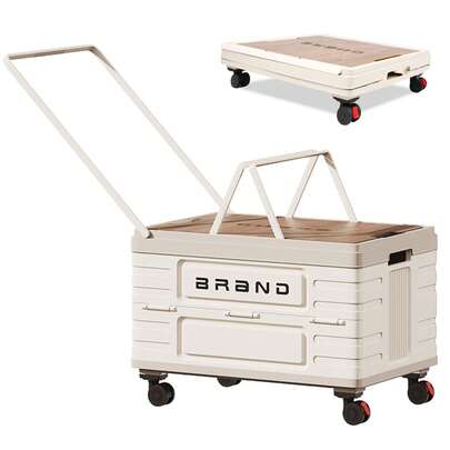 Folding Utility Cart Portable Rolling Crate Handcart Shopping Trolley Collapsible Tool Box With Wooden Lid, Basket On 4 Rotate Wheels, For Grocery, Office, Luggage, Teacher, Travel (White)
