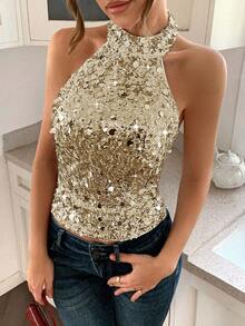 女士性感露肩亮片上衣，适合婚礼、晚宴、返校季、音乐节、母亲节派对、海滩度假等场合。 - 香檳色 - 查看 3