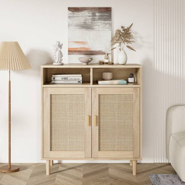 Sideboard Buffet Aufbewahrungsschrank, Rattan-Küchenschrank mit 2 Türen/Regal, modernes Akzentmöbel für Esszimmer, Wohnzimmer, Flur oder Kaffeebar, 91 cm hoch, für die Heimdekoration