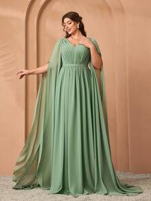 MgiacyV Elegant Folded Skirt With Flowing Sleeves Of Silk With A Large Hem In Green Dress