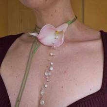 1pc Handmade Women's Calla Lily Flower Necklace, Crystal Pearl Tassel Pendant Choker, French Elegant Floral Decor, Bohemian Style, Suitable For Parties, Weddings, Holidays, Dates (Pearl Style Is Random) - Multicolor - View 6