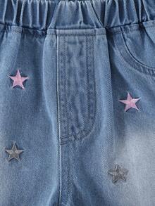 1pc Fashionable Girls' Embroidered Star Pattern Cute Mustache Denim Shorts - Multicolor - View 6