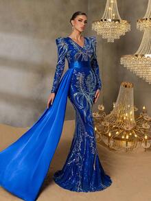 Faeriesty Elegant V-Neck Long-Sleeve Mermaid Evening Gown With Satin Overskirt & Metallic Floral Embroidery - Perfect For Black-Tie Galas, Formal Red Carpet Events, Luxury Award Ceremonies, Charity Fundraisers, Upscale Weddings - 寶藍色 - 查看 8