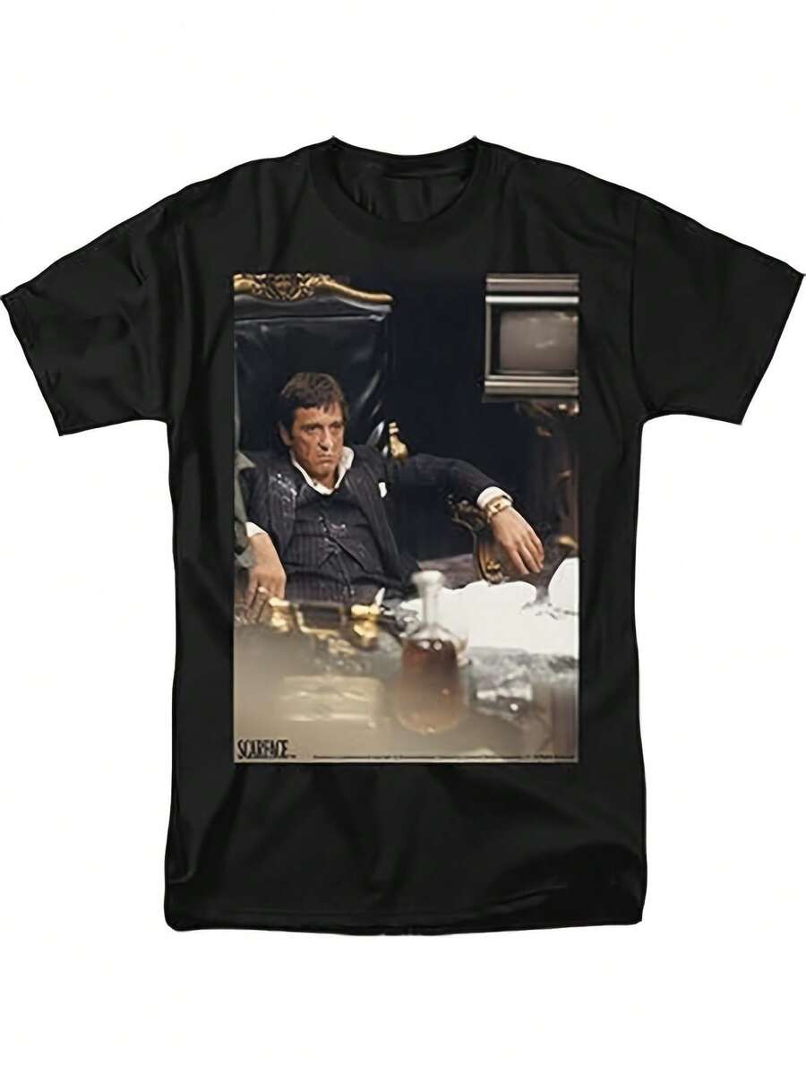 Movie-Inspired Graphic T-Shirt For Men & Women - Featuring Tony Montana'S Throne & Jewelry Print, Casual Tee, All-Season Comfort, Perfect Gift For Humor Lovers, Funny T Shirt - 黑色 - 查看 1
