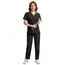 1 Set V-Neck Short Sleeve Slim Fit Shirt And Drawstring Straight Leg Casual Pants, Scrubs Set, Healthcare Scrub Uniform Set - Black - View 7