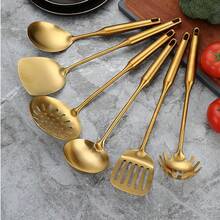 6pcs/Set 304 Stainless Steel Gold Kitchen Utensils Set, Including Spatula, Skimmer, Rice Paddle, Soup Ladle, Pasta Server, Home Cooking Tools