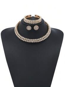Women's Elegant Diamond-Decorated Circular Necklace, Bracelet And Earrings Jewelry Set, For Banquet & Party Wear