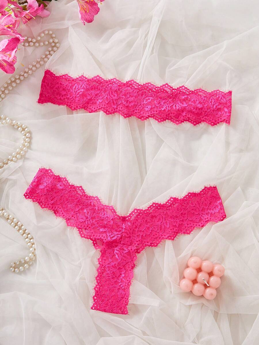 2pcs/Set Women Sexy Strapless Lace Lingerie Set - Hot Pink - View 1