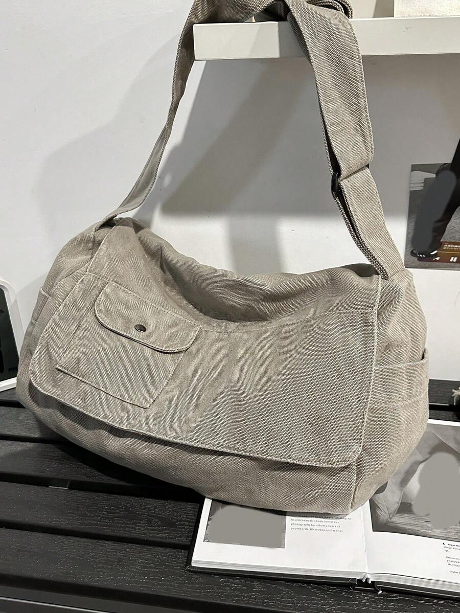 1 chiếc túi đeo vai lật tối giản cổ điển màu xám, túi đeo chéo vải canvas dày, dung tích lớn, ba lô hàng ngày phong cách sinh viên Mỹ để đi học/du lịch - Xám - Xem 1