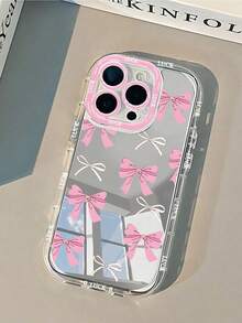 1 pieza Funda protectora de teléfono con estampado de lazo, estuche de maquillaje con espejo de crema, a prueba de golpes, adecuado como regalo de vacaciones compatible con Apple 11 Pro Max/12/13/14/14 Plus/15/15 Plus/16/16 Plus, resistente al agua y a los arañazos - Rosa - Ver 2