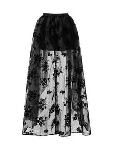 Women Irregular Ruffle Hem Skirt, Floral Embroidery Elastic Waist Tulle Skirt for Summer - Negro - Ver 8