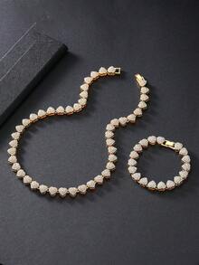 LIGHTSOME 水晶镶嵌心形链条项链和手链套装，女士优雅嘻哈链条钻石心形项链，闪亮派对珠宝，适合女性，日常和场合佩戴，圣诞礼物，多种尺寸可选 - 愛心 - 查看 14