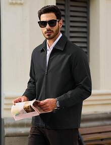 Men's Cotton Full Zip Up Work Jackets Turndown Collar Business Casual Windbreaker With 3 PocketsChristmas O5SK - 黑色 - 查看 7