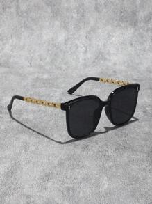 1 Pair Unisex Square Frame Chain Decoration Fashion Glasses, Fashionable Black Luxury Style Glasses Suitable For Beach, Daily Life, Vacation And Outdoor Travel Square Shape Shades