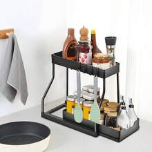 2 Tier Under Sink Organizer, 2 Tier Multi-Purpose Kitchen And Bathroom Organizer And Storage With Sliding Drawers, Bathroom Cabinet Organizer, Storage Rack With 5 Hooks, 2 Hanging Baskets