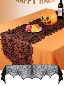 1pc-Halloween Cobweb Fireplace Scarf, Black Lace Spiderweb Mantle Scarf For Halloween Home Party Supplies, 18 X 96 Inch - Black - View 2