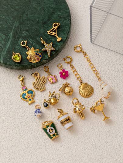 1 pieza Colgante de verano de moda exquisito de acero inoxidable con forma de concha, seta y copa de vino/jugo, chapado en oro de 18K, no se oxida fácilmente, adecuado para hacer collares, pulseras, pendientes, cadenas de bolso, llaveros DIY creativos, es un regalo adecuado para la esposa, la madre y la novia