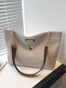 1pc Polyester Deer Pattern Decorative Large Capacity Zipper Shoulder Tote Bag, Suitable For Women's Daily Use - Beige - View 4
