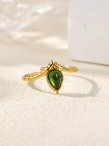 1 peça de anéis de zircônia verde com gota d'água para mulheres, cor dourada, aço inoxidável, geométrico, anel ajustável, joia estética para casamento, presente