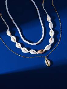 Set de 3 collares colgantes con criaturas marinas de estilo bohemio, serie de collares artesanales con cuentas y conchas marinas, adecuado como accesorio de moda para vacaciones y viajes de mujer