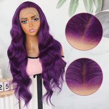Heat Resistant Soft Fiber Front Lace Wig Glueless With Baby Hair 13x4 Long Wavy Purple Hair 26 Inch High Quality Ladies Wigs For Fashion Women Everyday Daily Party Use Pre Plucked Hairline Natural Looking Beginners Friendly Replacement Wigs - 紫色 - 查看 6