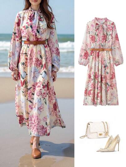 Vestido camisero de manga larga con estampado floral, cuello con lazo y cinturón para mujer, moda de primavera