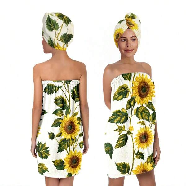 Set de 2 toallas de baño con estampado de girasol amarillo, toallas de baño súper suaves y de secado rápido - Toallas de baño suaves, absorbentes y para usar, falda de ducha y gorro para secar el cabello - Toallas de baño