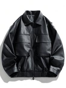 Men's Fashionable Casual Versatile Motorcycle Stylish Leather Jacket Bomber Jacket For Autumn/Winter, Grunge