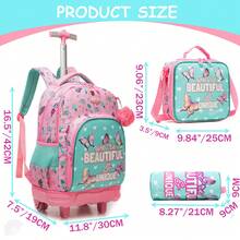 3pcs Girls Rolling Backpack Set, Includes Crossbody Bag And Pencil Case, Suitable For School Use, Back To School Season - Pink Green 18704T - View 3