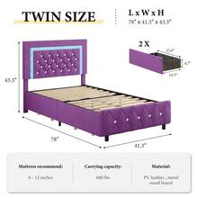 Twin/ Full/ Queen Bed Frame With Drawers, Upholstered Bed Frame With LED Lights, Modern Platform Bed Frame With Headboard And Footboard, Diamond Tufted Design, No Box Spring Needed, White/ Pink/ Black/ Purple/ Yellow (Twin Size 2 Drawers/ Other Size 4 Drawers) * Bed Frame Queen Bed Frame Bed Queen Bed Frame King Bed Frame Bedroom Furniture Bed Frame Full Full Size Bed Frame Twin Bed Frame Beds Cozy Bedroom Home Bedroom Refresh Room Decor Home Decor Christmas Decor Bedroom Decor Valentine Day Decor Storage Living Room Decor Furniture House Decor Halloween Decorations  ( USB LED Strip) - 紫色 - 查看 7