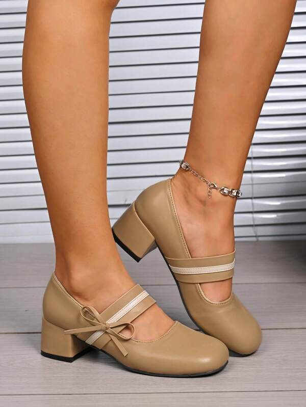 Plus Size Women's Bow Decor Chunky Heel Mary Jane Shoes, 2025 New Spring & Autumn Versatile Platform Pumps