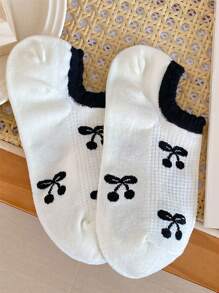 Calcetines de tobillo transpirables con lazo de cereza, letra y diseño floral tipo Ins para mujer