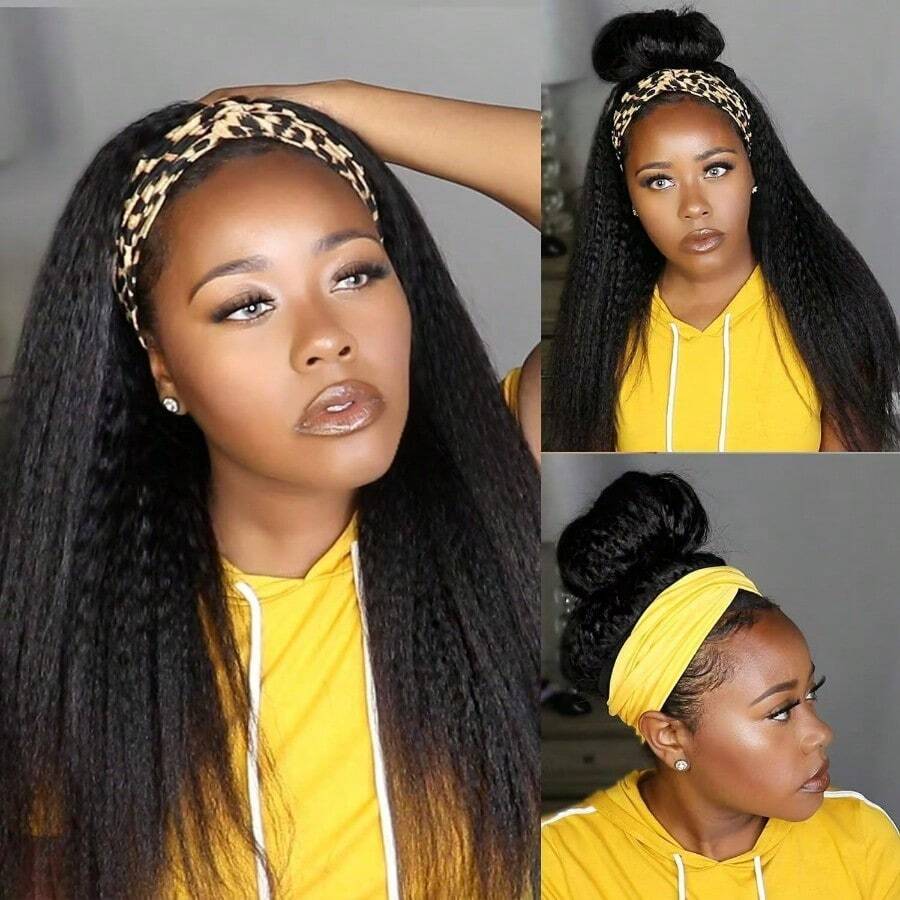 Peluca con diadema de cabello humano lacio rizado de densidad 180% 12A para , peluca con diadema sin encaje hecha a mano de cabello humano tipo Yaki de color negro natural de 14 pulgadas - color negro natural - Ver 1