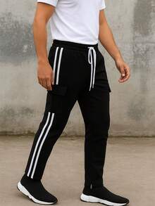 Mens Black And White Side Stripe Cargo Track Pants Elastic Waist With Drawstring Ankle Zipper Streetwear ACtivewear Gym And Fitness Casual Pants  Regular Fit    Weekend Casual  Night Out  Sports  Daily - 黑白 - 查看 1
