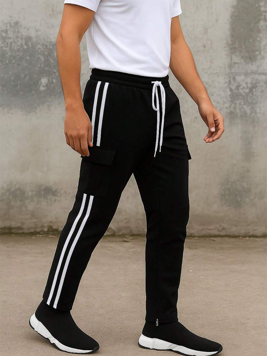 Mens Black And White Side Stripe Cargo Track Pants Elastic Waist With Drawstring Ankle Zipper Streetwear ACtivewear Gym And Fitness Casual Pants  Regular Fit    Weekend Casual  Night Out  Sports  Daily - 黑白 - 查看 1