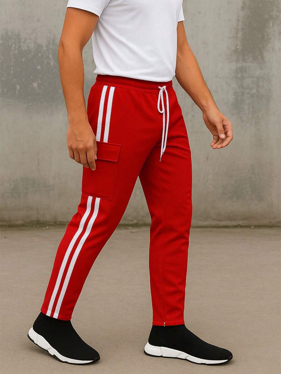 Mens Red And White Side Stripe Cargo Track Pants Elastic Waist With Drawstring Ankle Zipper Streetwear ACtivewear Gym And Fitness Casual Pants Regular Fit Weekend Casual Night Out Sports Daily - 紅白 - 查看 1