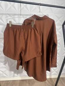 WOMEN'S SHIRT AND SHORTS SET SP013 - Brown - View 5