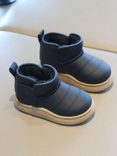 1 Pair Kids Boys Girls Solid Color PU Thermal Lined Thick Warm Flat Non-Slip Waterproof Round Toe Flat Heel Comfortable Fashion Children Snow Boots, Suitable For Winter