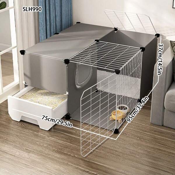 Indoor Cat Cage With Litter Box, 1-Room 1-Hall 1-Bathroom Free Space Cat Villa For Home Use