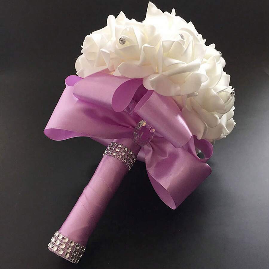 Artificial Wedding Bride Bouquet Handheld Bridesmaid Flower With Ribbon - 淡紫色 - 查看 1