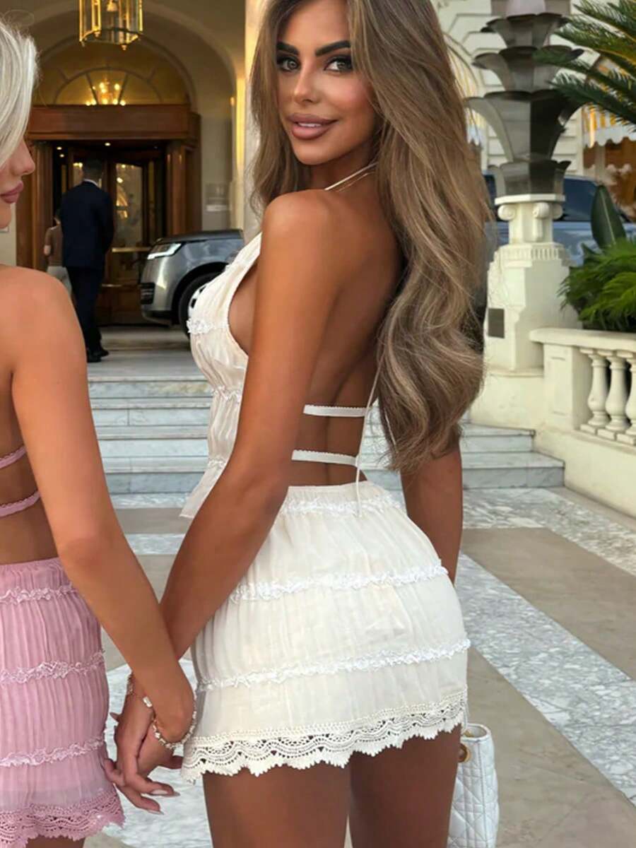 Spring/Summer New Solid Color Lace Halterneck Sleeveless Open Back Sexy Women's Short Skirt Set - Apricot - View 1