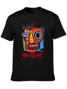Men's Summer T-Shirt, Jean And Michel Artist Basquiat Oversized T Shirt Loose Fit Vintage Washed Short Sleeve Tee For Men Women, Comfortable Crewneck - 黑色 - 查看 3