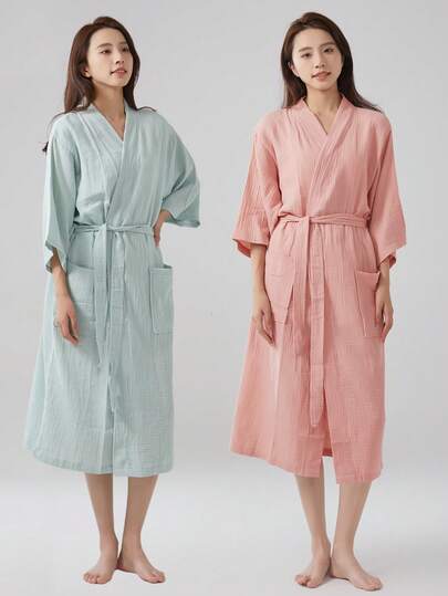 1pc Women's Lightweight Breathable Gauze Bathrobe, Solid Color, Straight Collar, Long Robe, Loungewear, Soft, Absorbent, For Bathroom, Bedroom, Pool, Hotel, Salon, Personal Use, Gift