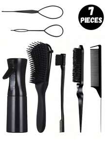 1/3/7件套美发梳套装，含200毫升喷雾瓶、编发圈、蓬松梳、尖尾梳、长尖尾梳、骨尖梳、分缝梳、染发梳、卷发梳、黑色头发专用梳，适用于3a至4c卷曲的非洲发质，干/湿/浓密卷发均可使用，去除头皮堆积物，打造亮泽卷发（黑色、粉色、紫色）。 - 彩色 - 查看 15