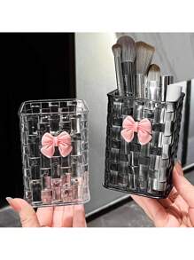 1pc Woven-Texture Plastic Makeup Brushes Holder With Butterfly Sticker – Large Capacity Desktop Pens Organizer Box, Durable Plastic Transparent White/Black, Multi-Purpose Desktop Storage Container For Makeup Brushes, Pens, Lipsticks, And Stationery, Neat Storage – Perfect For Desks, Vanity Tables, Bathrooms, And Bedroom Nightstands, Dorm, Office Bag, Makeup Bag, Toiletry Bag, Desk Organiser, Cosmetic Bag, Makeup Pouch, Jewellery Box, Pouch, Makeup Brush Holder, Brush Holder, Perfume Organiser, Pouch Bag