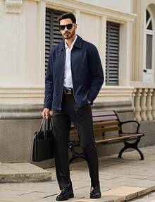 Men's Cotton Full Zip Up Work Jackets Turndown Collar Business Casual Windbreaker With 3 PocketsChristmas O5SK - 海軍 - 查看 11