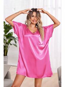 Women Satin Nightgowns Short Sleeve Silk Sleepwear Boyfriend Casual Dresses With Chest Pocket S-XXL - rose - 查看 3