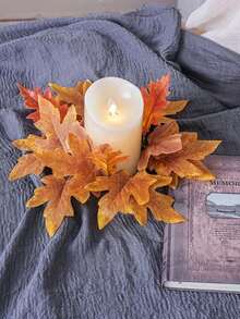 1pc Autumn Artificial Pillar Candles Rings,Fall Fake Leaves Small Wreath,Plastic Maple Leaf Candle Holders For Wedding Party Birthday Indoor Outdoor Garden Door Hanging Decor Halloween Table Centerpiece Back To School Supplies Thanksgiving Christmas Holiday Essentials Gift Home Decor Halloween Decor Room Decor